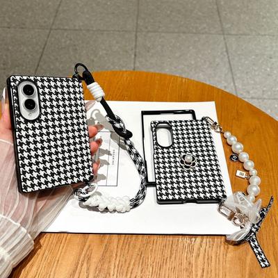 Applicable To Samsung ZFold1 Folding Mobile Phone Case, Camellia Thousand Bird Grid Side Buckle, Central Shaft Belt, Front Frame  Cover, Women's Model