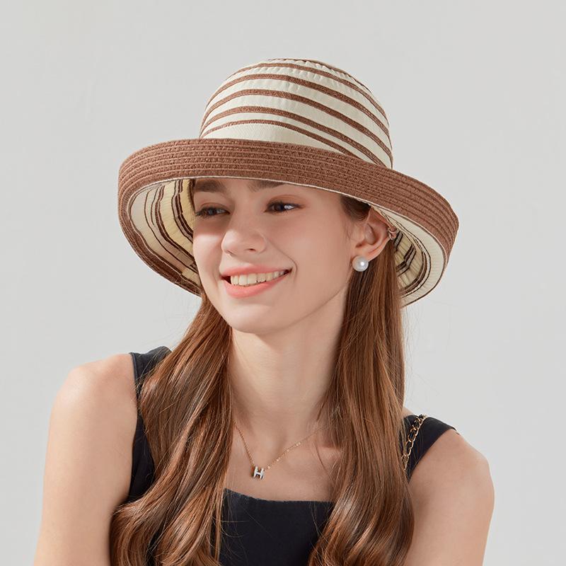 

Летняя полосатая солнцезащитная шляпа женская для прогулок на открытом воздухе пляжная солнцезащитная шляпа модная соломенная шляпа-ведро