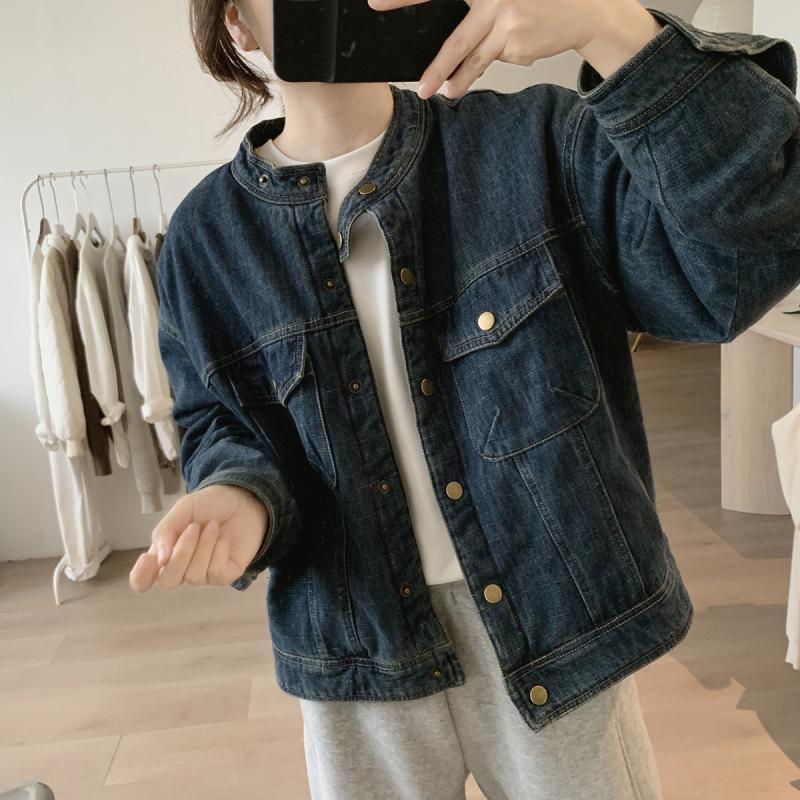 Women's Retro Korean Denim Jacket - Stand Collar, Cotton Padded, Long Sleeve, Loose Fit, Autumn/Winter.