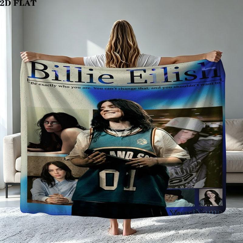1PC Billie Eilish Custom Name Patterned Flannel Blanket Suitable For All Seasons for Home Decor Warmth and Comfort Gifts Holiday Present