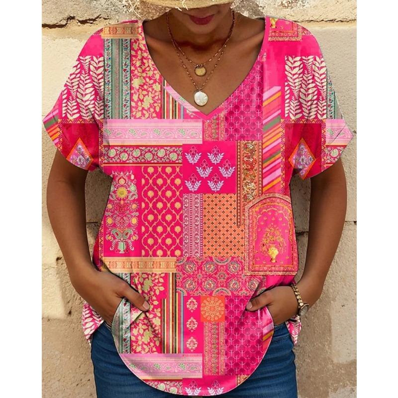 Colorful Floral Pattern Women's T-shirt Summer Outdoor Casual V-neck Short-sleeved Top OverSize Women's Clothing