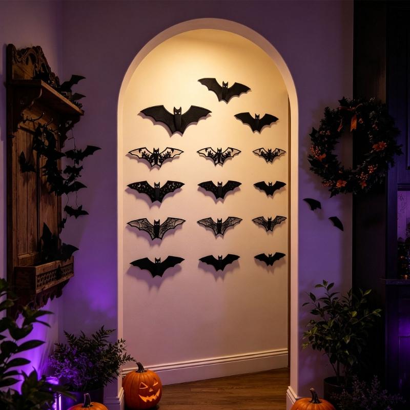 3D Hollow Paper Bats Halloween Decorations Realistic Scary Bat Stickers , 96 Individual Bats To Arrange for Indoor Party Backdrops, Store Displays,