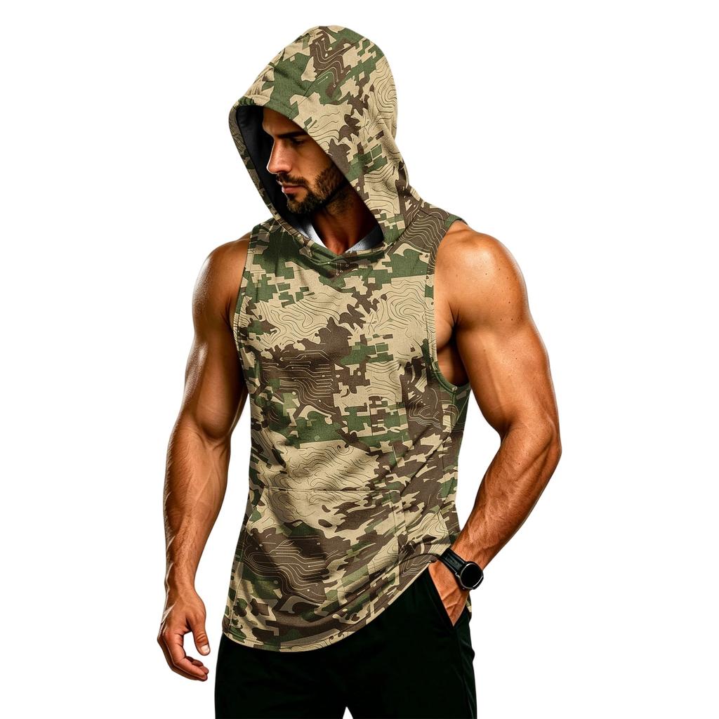Men’s Sleeveless Hooded Tank Top Gym Muscle Fit Lightweight Quick Dry Breathable Sports Vest with Printed Pattern