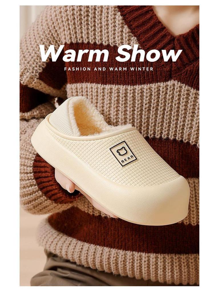 Waterproof Cotton Slippers: Women's/Men's Non-Slip Thick-Soled, Plus Velvet, Warm, Closed Heel for Autumn/Winter.