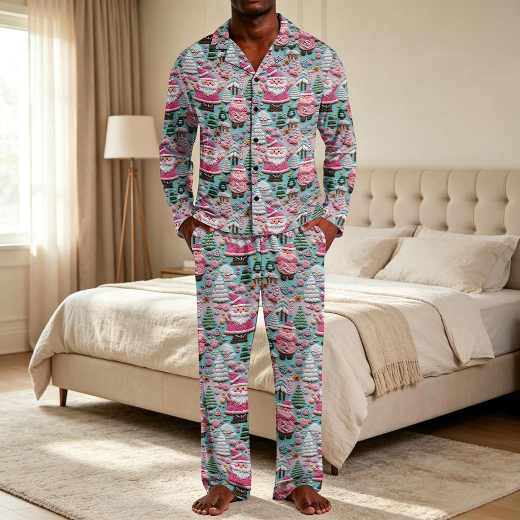 Men's Loose Fit Christmas Print Pajama Set with Button Down Top and Straight Leg Pants - Two Piece Holiday Sleepwear