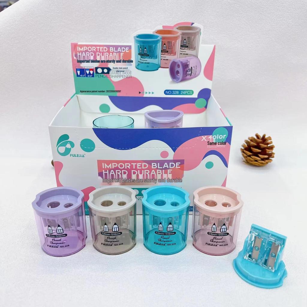 Transparent Geometric Double-Hole Macaron Pencil Sharpener: Portable, Durable, and Rotary for Students.