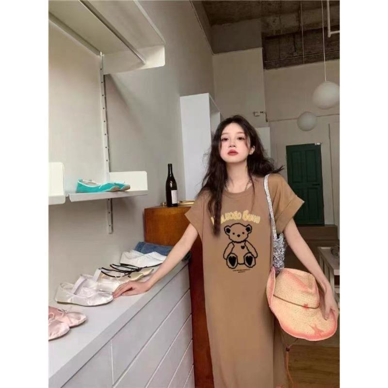 Fun Cartoon Short-sleeved T-shirt Dress for Women, Slimming Long Dress, Knee-length Dress