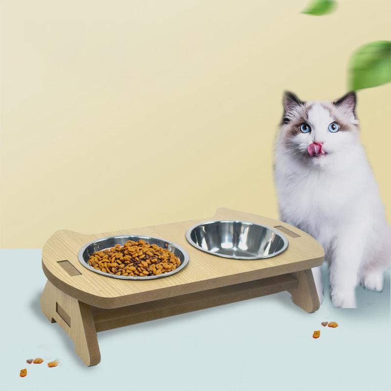 Elevated Pet Bowls Tilted Single/Double Cat Stainless Steel Food Bowls Wooden Dog Water Feeding Container Cat Supplies