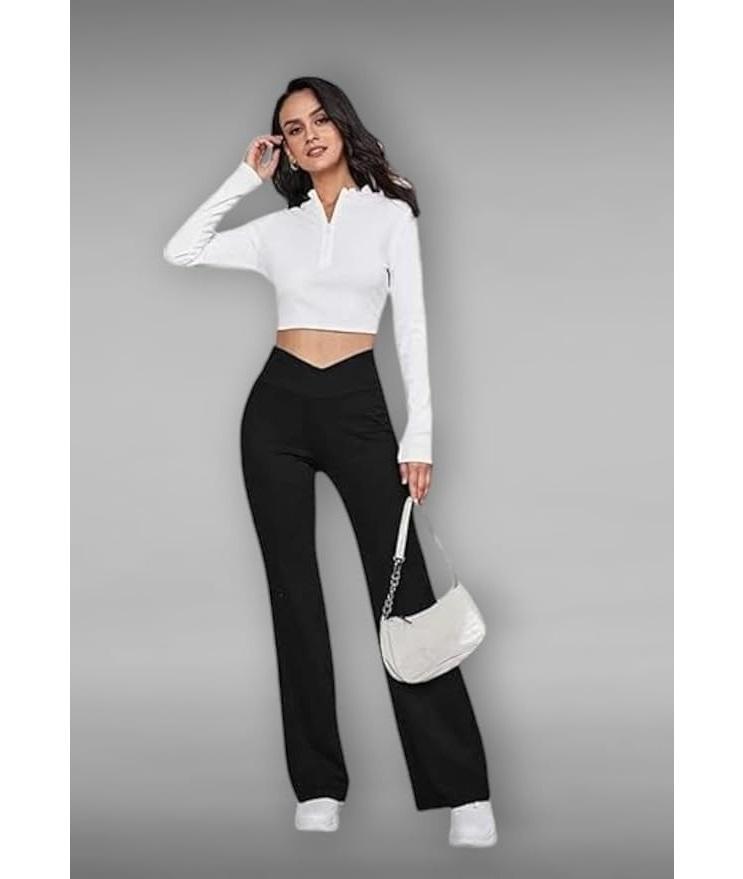 Damen Crossover High Waist Schlaghose mit Handytasche, Komfort-Passform, Sporthose, Fitness-Tights