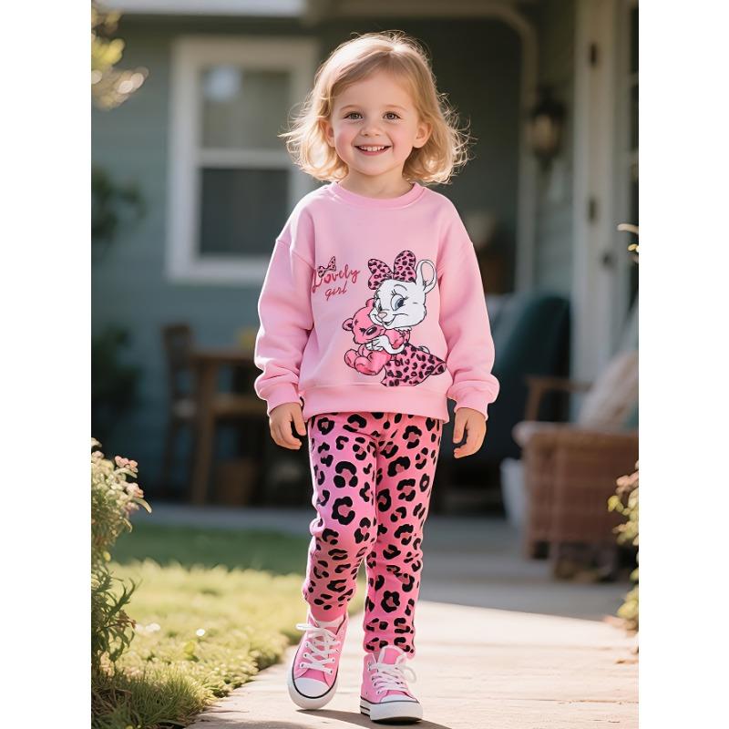 Girl's Autumn and Winter Cute Bunny Bear Printed Long Sleeved Shirt+leopard Print Pants Two-piece Set, a Gift for Children, Perfect for Outdoor