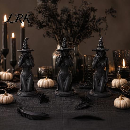 Three Witches Statue 3 Pcs Witch Figurine, 3D Printed Hear See Speak No Evil Desktop Ornament Statue, Gothic Tabletop for Halloween Bookshelf