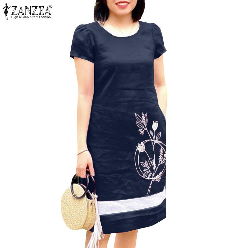 ZANZEA Women Casual O-neck Short Sleeve Floral Embroidery Dress