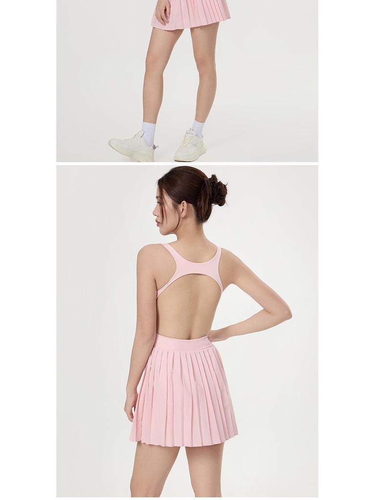 Women's Quick-Dry Pleated Tennis Dress – Backless, Tight-Fit, Anti-Exposure for Training, Running & Fitness.