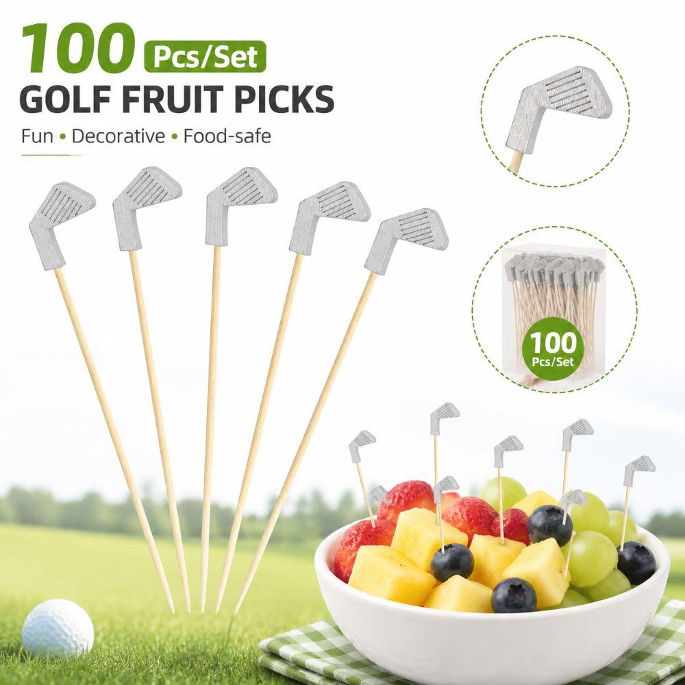 100Pcs/Set Wooden Golf Toothpicks Golf Club Head Design Fruit Skewers Golf Theme Party