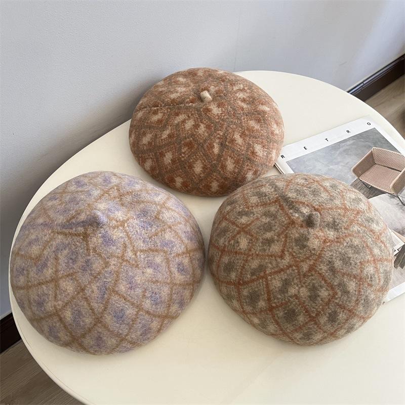 Japanese Australian 100% Wool Jacquard Beret For Girls, Autumn And Winter Artistic Retro Light Luxury Casual Warm Painter Hat