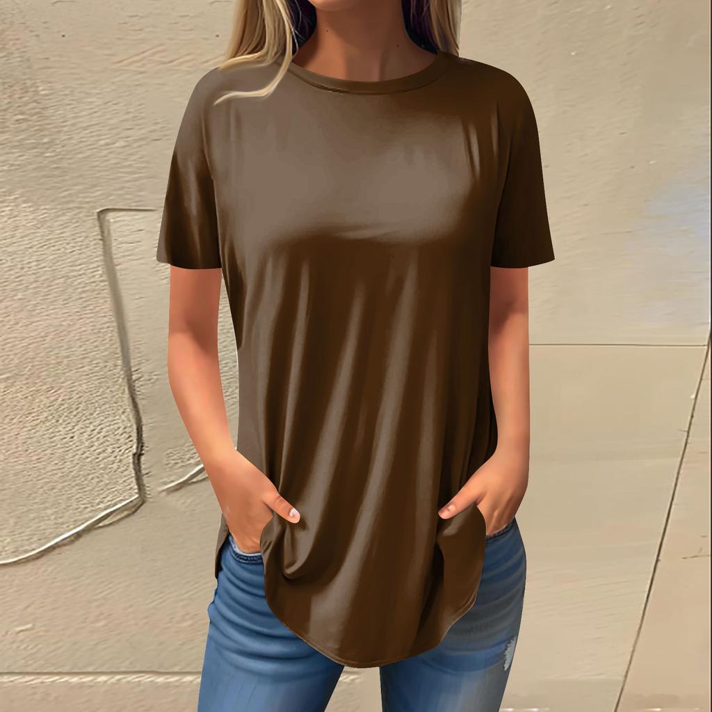 Moda dame ocazional umăr pozitiv decolteu rotund culoare solidă cu mânecă scurtă pulover Top