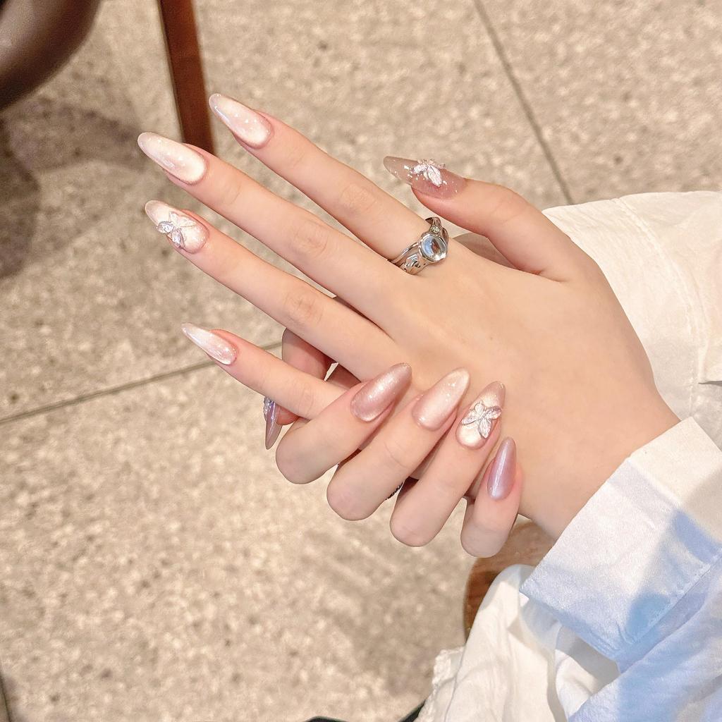 Yihe Ice Crystal Butterfly Wearable Nails - Gentle Translucent Cat Eye Blush Whitening Nails