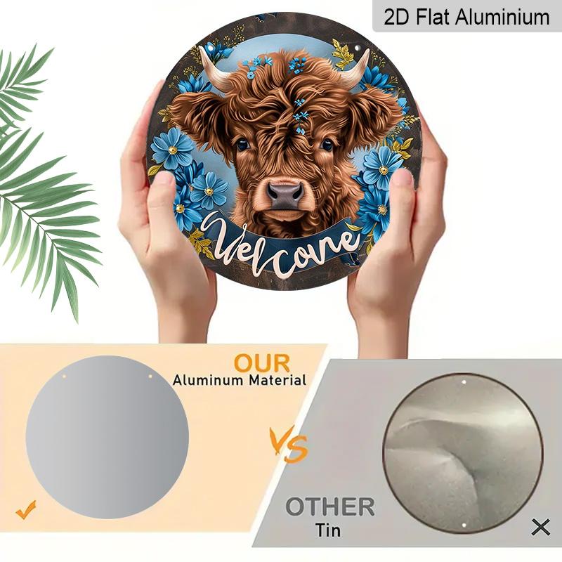 2D Flat, 1pc Round Aluminum Hanging Sign, Charming Highland Cow with Blue Wildflowers Pattern - Durable Outdoor/Indoor Welcome Decor for Front Door