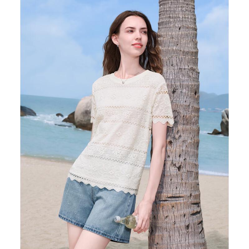 Baitu Women's Lace Wave Hem Short Sleeve Top
