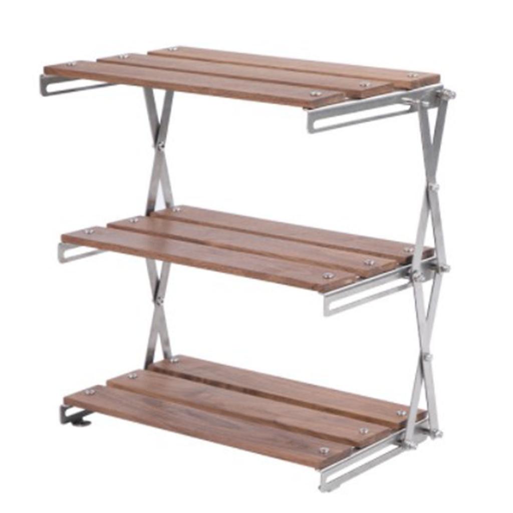 3 Tier Wood Shelving Strong Load Bearing Fine Polishing Metal Beech Wood Folding 3 Tier Shelves for Camping Chrome