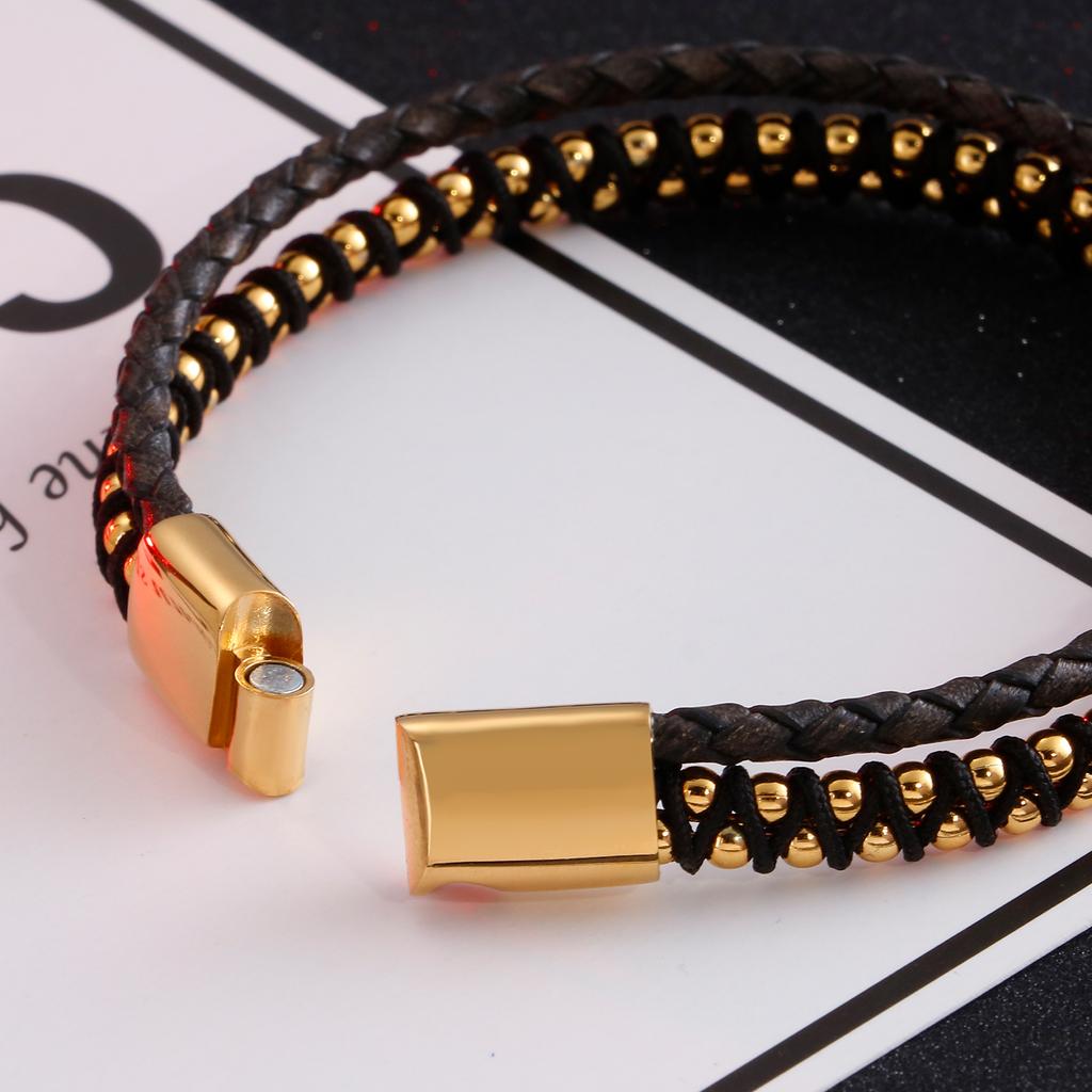 KALEN Fashion Double Chain Braided Leather Bracelet Men