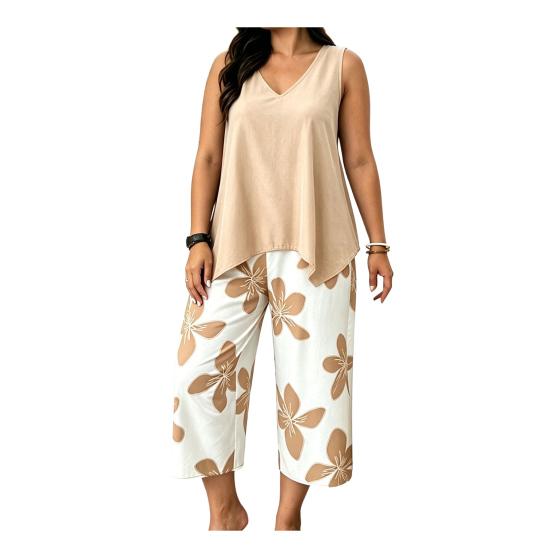 

Women s Plus Size 2 Piece Sets Sleeveless V Neck Tank Top And Floral Cropped Pants Set Summer Lounge Outfits M
