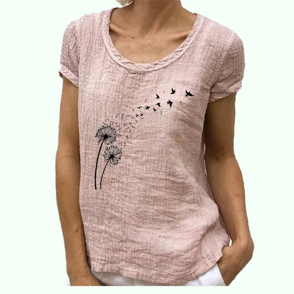 Women Fashion Short Sleeve Blouse Spring&summer Casual Cotton Linen T-shirt Round Collar Print Top