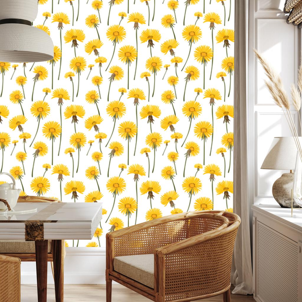 Dandelion Wallpaper White and Yellow for Living Room and Bedroom 50x1000