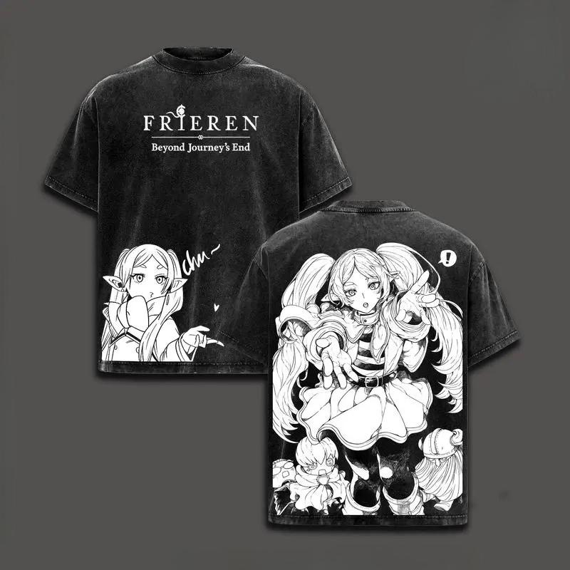 Gothic Yk Frieren Beyond Journeys End Tshirt Anime Washed Oversized T Shirt Men Women Clothing High Quality Cotton Tee Tops