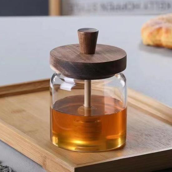 Glass Honey Jar 400ml Transparent Sealed Tank with Wooden Lid Dip Sticks Airtight Canister Syrup Dispenser for Home Kitchen Bar