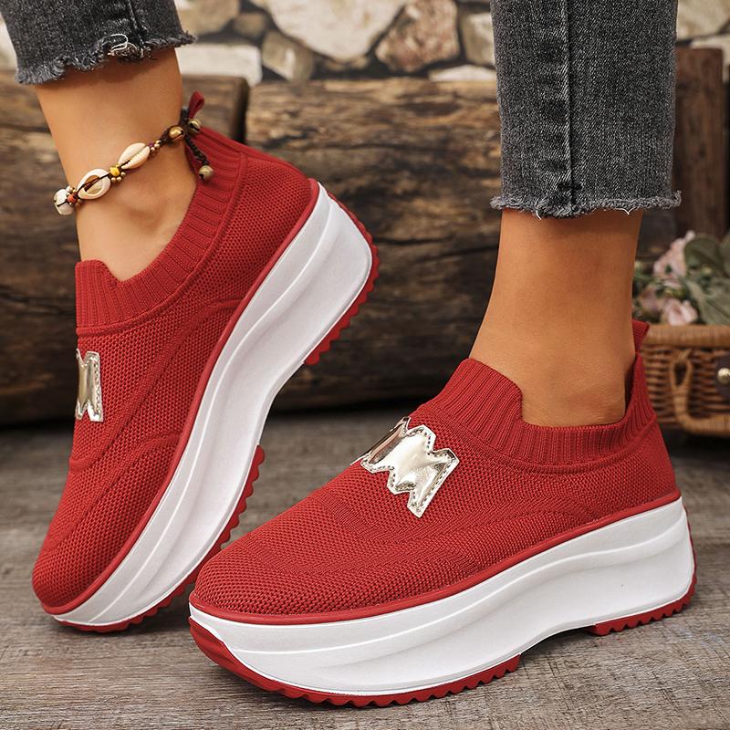 Fashion Breathable Knitted Platform Sneakers for Women Fashion Letter Decor Creepers Shoes Woman Thick Sole Slip On Walking Shoes 36-43