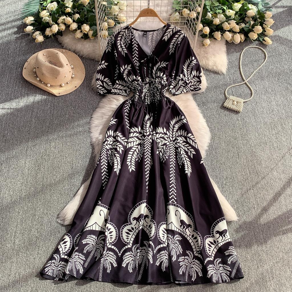 Summer Women Printed Dress V-neck Lace-up Short Sleeved Pleated A-line American Casual Fashion Elegant Female Dresses