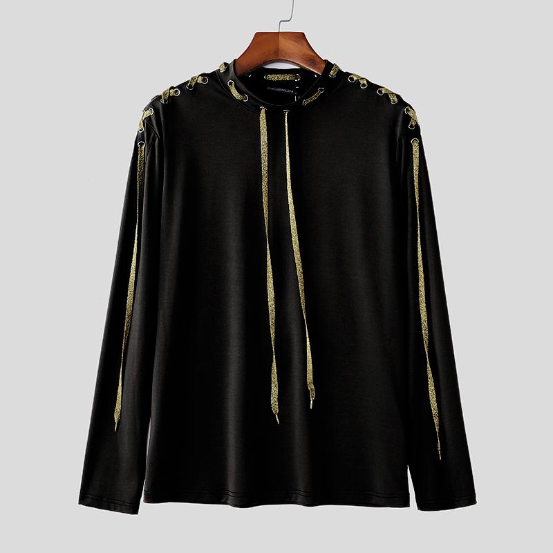 

INCERUN Весенние мужские повседневные топы с круглым вырезом и вышивкой, футболки XL чёрный