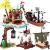 MOC Mittelalterliche Piratenbar Modellbausteine Set Papagei Blockhütte Inselhaus Lagerfeuer Baum Segelboot Schiff Steine Spielzeug Geschenk