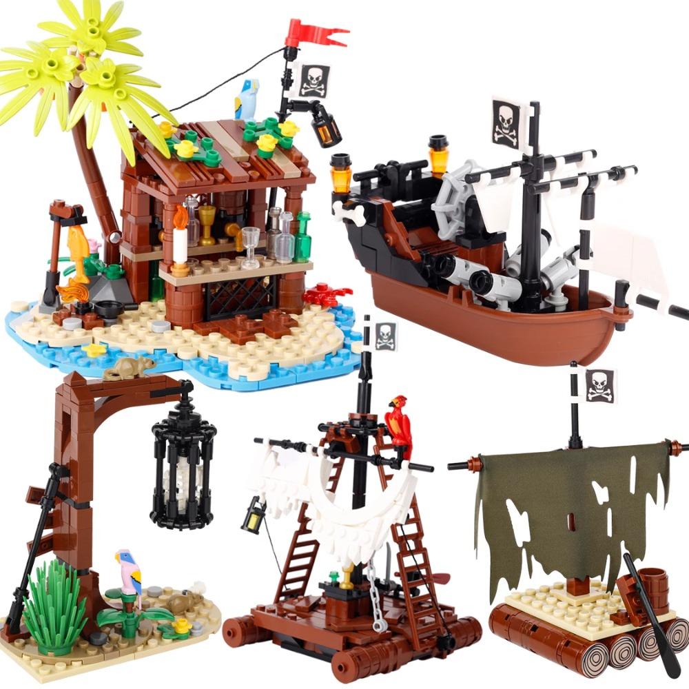 MOC Mittelalterliche Piratenbar Modellbausteine Set Papagei Blockhütte Inselhaus Lagerfeuer Baum Segelboot Schiff Steine Spielzeug Geschenk