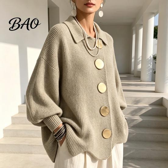 Frühling Herbst Pullover Damen Oversized Strick Cardigan Pullover, Hemdkragen Oberteil mit Großen Metall Freizeitknöpfen, Lockere Fledermausärmel für Weiche Hautfreundlichkeit