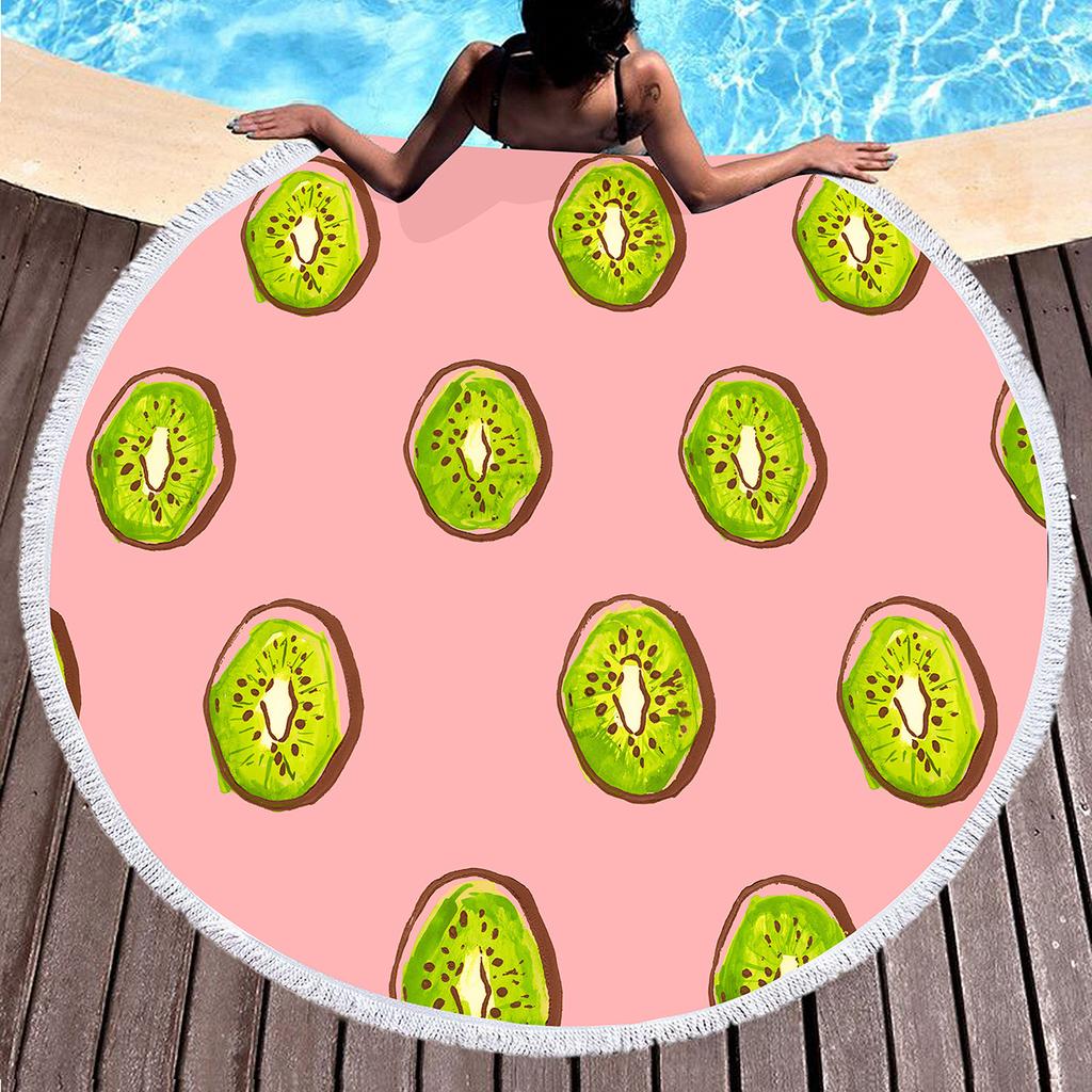 Tropical Fruit Green Kiwi Round Beach Towel Microfiber Soft Beach Blanket Quick Dry Sand Free Multi-Purpose Circle Bath Towel