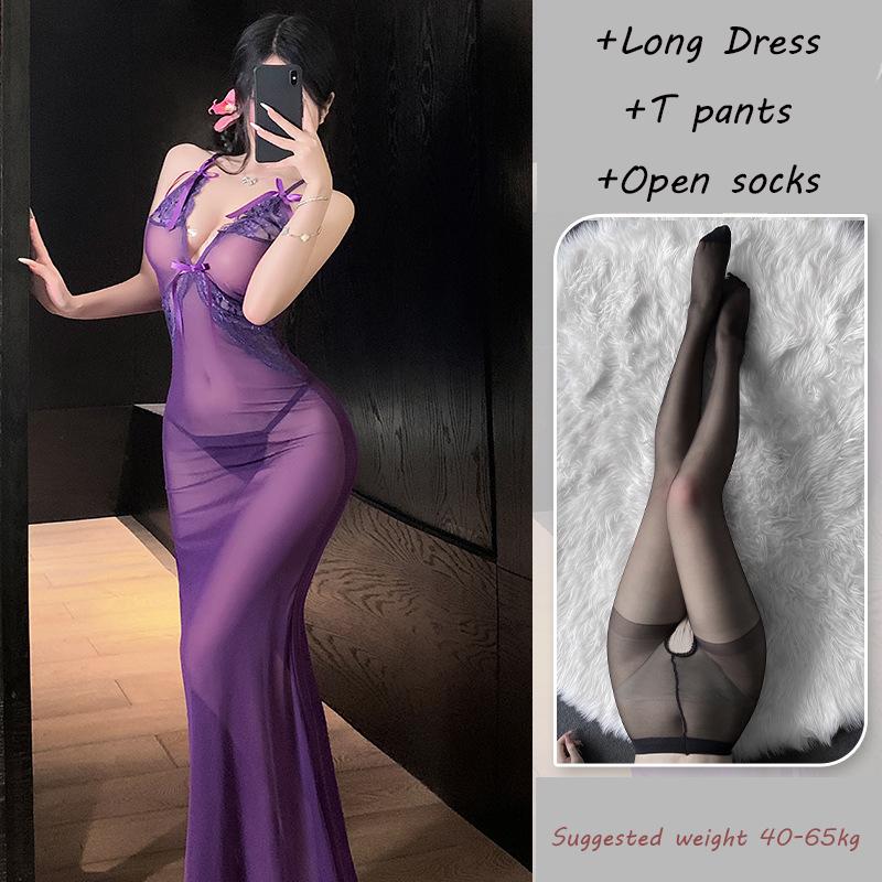 Sexy Long Dress Erotic Lingerie See Through Lace Dress Passionate Temptation OL Uniform Flirting Uniform Nightclub Tight Suit