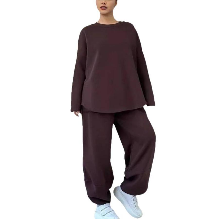 Fall Winter Women's Casual Solid Crew Neck Long Sleeve Pocket Sports Set Sweatshirt Loose Fit