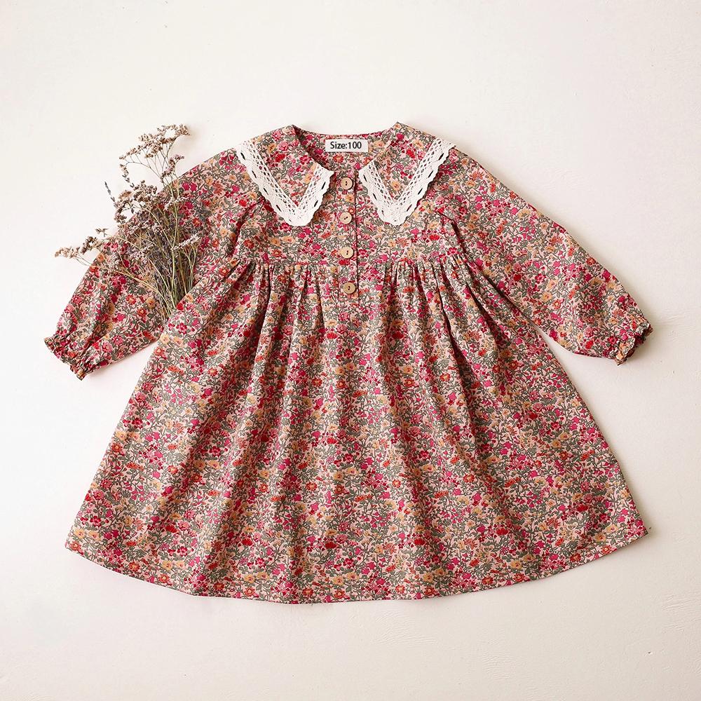 Spring Vintage Floral Kids Girl Dresses Toddler Girl Long Sleeve Dresses Children Baby Clothes