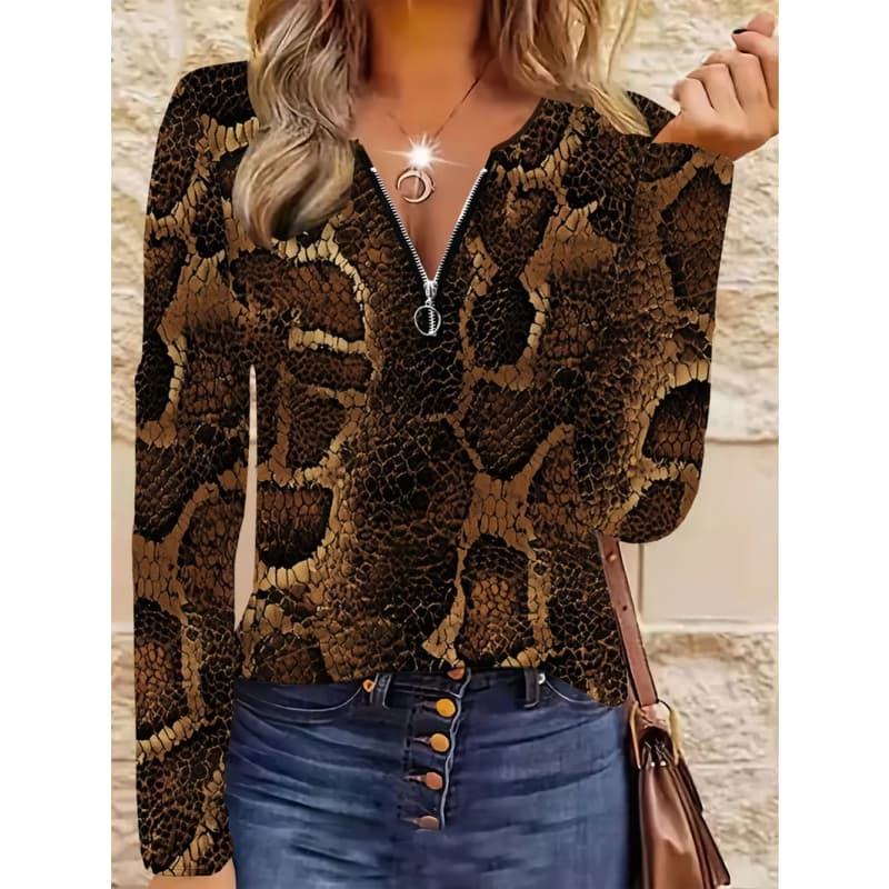 Women's Creative Printed Zipper Long-sleeved T-shirt, Breathable, Soft and Comfortable, Suitable for All-year-round Casual Wear