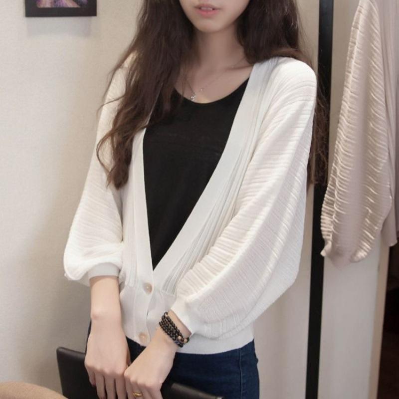 Spring Summer Lantern Sleeve Women Shawl Coat Ice Silk Cover Up Loose Korean Sun Protection Air Conditioning Knit Cardigan Thin