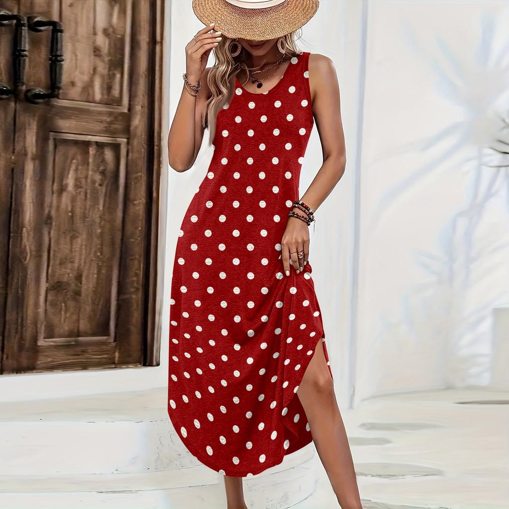 Women Sleeveless Maxi Dress Loose Fit Casual Polka Dot Print Long Dress Side Slit Summer Beachwear Comfortable Lightweight