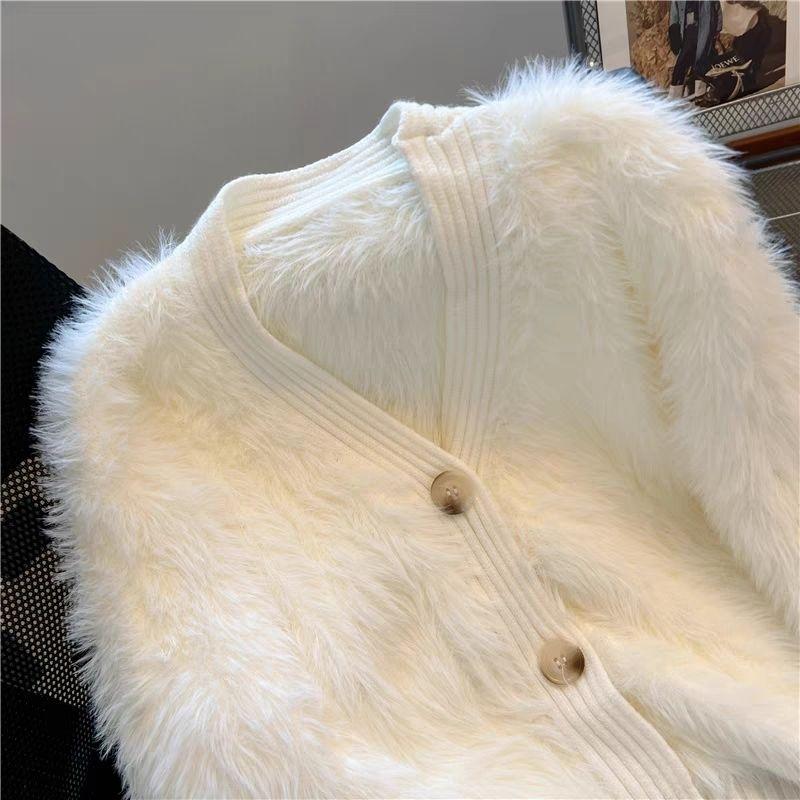 Autumn Winter Women V-neck Single Breasted Imitation Mink Fur Mohair Soft Knitted Sweater Cardigan Coat Jacket