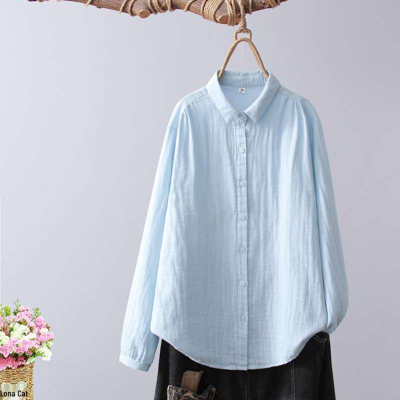 Women's Soft Cotton Double Layer Gauze Long Sleeve Shirt, Versatile with Pointed Collar