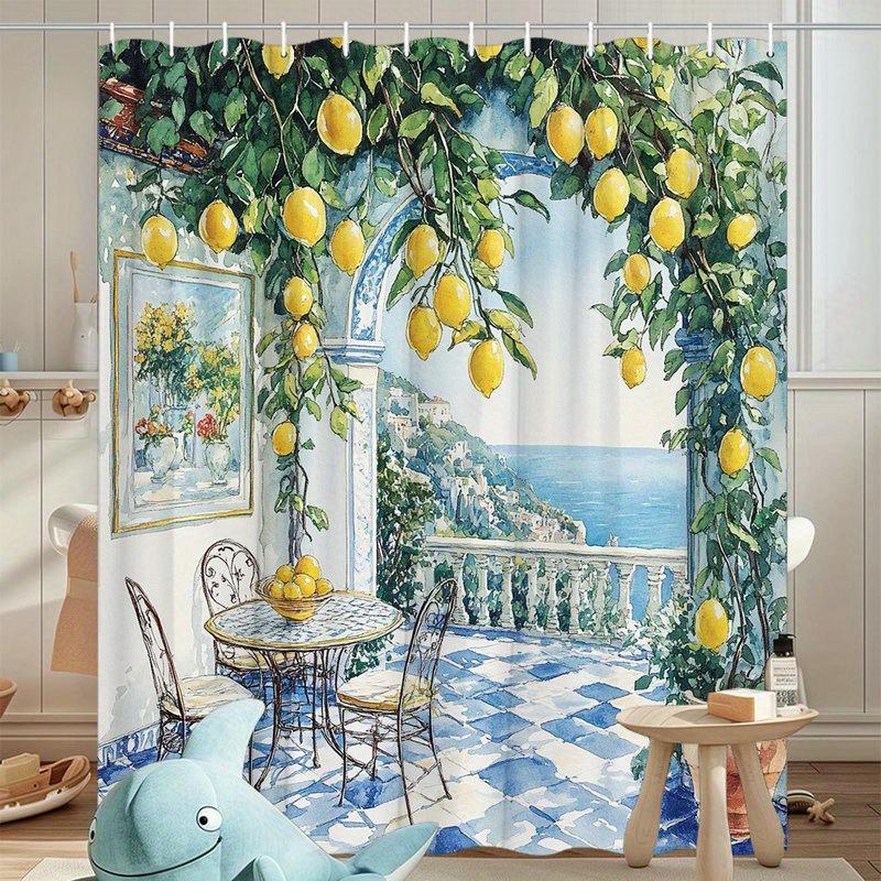 1Pc Mediterranean Shower Curtain - Extra Large Bathroom Window Curtain With Coastal Lemon Tree, Blue & White Tile