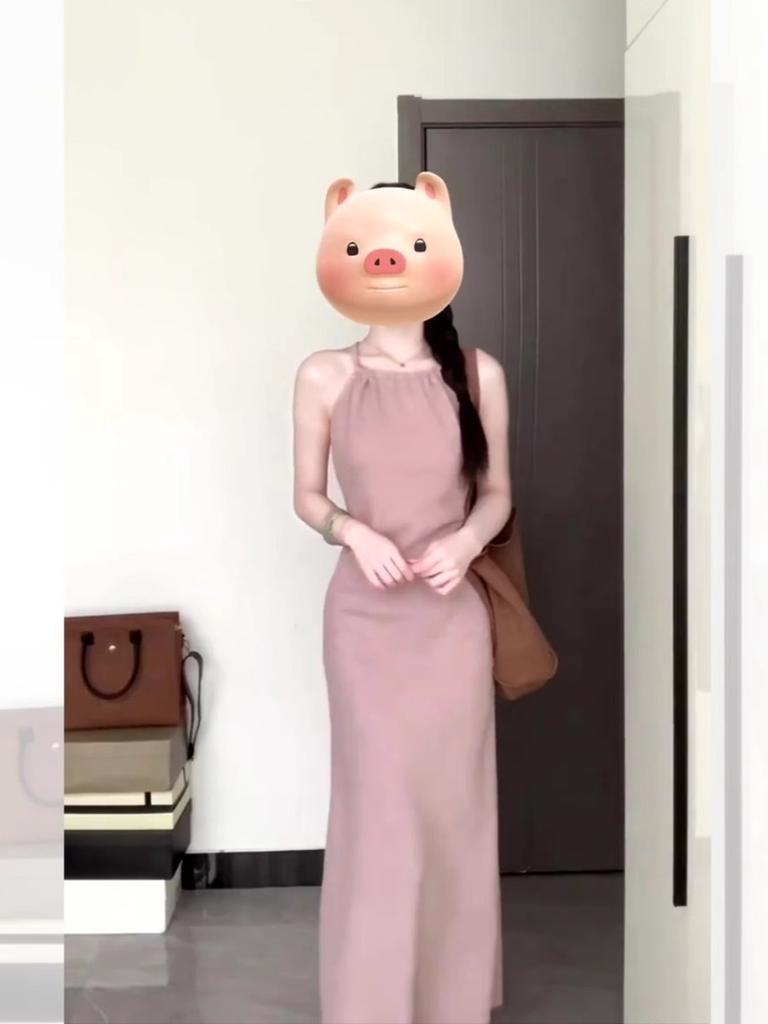 French Gentle Wind Pink Neck Sling Dress, Beautiful Temperament, Light and Mature, Waist and Thin, Hip-wrapped Long Skirt