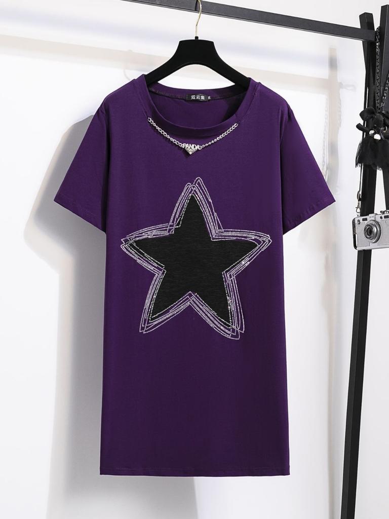 Summer Plus Size Women's T-shirt Loose Round Neck Fashion Star Medium Long Short Sleeve Top