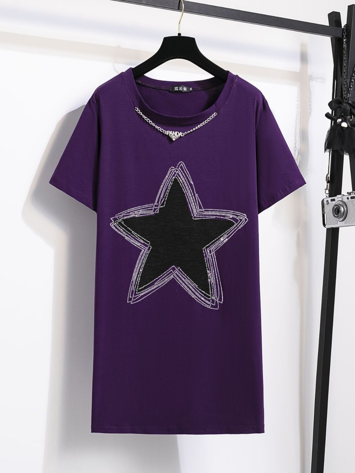 

Летняя женская футболка больших размеров, свободный топ с круглым вырезом и звездой, средний длинный топ с короткими рукавами XXL темно-фиолетового