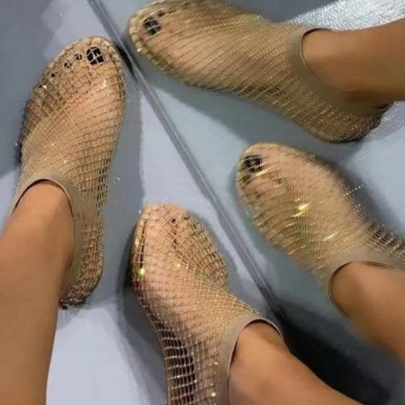 2025 Summer New Round Head Sandals Hollow Internet Celebrity Diamond Short Boots Summer Large Size Flat Women's Shoes